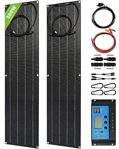 HTDRE Kit de Panneaux solaires monocristallins Flexibles 500 W Ultra Fins, 2 x 250 W 12 V 24 V ETFE avec contrôleur 40 A pour Camping Car, Bateau, Caravane