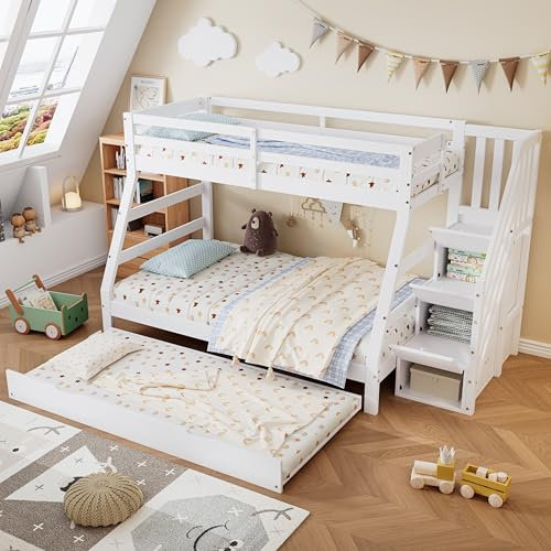 Merax Etagenbett 90/120 x 200cm, Kinderbett Hochbett mit Stauraumtreppe & Ausziehbett, Platzsparendes Stockbett mit 3 Lattenrost & Rausfallschutz, Multifunktionsbett Jugendbett, Ohne Matratze, Weiß