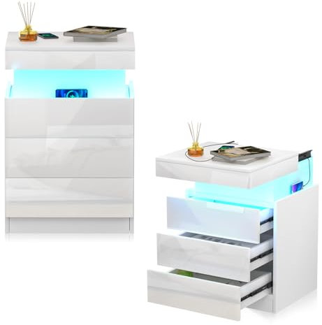 Lvhcmfohm Nachttisch 2er Set mit Steckdose, Nachttische mit Ladefunktion und LED-Licht, Nachtkommode mit 3 Schubladen und Versteckte Schiebeschränke für Wohnzimmer, Schlafzimmer (Weiß, 45x40x67cm)