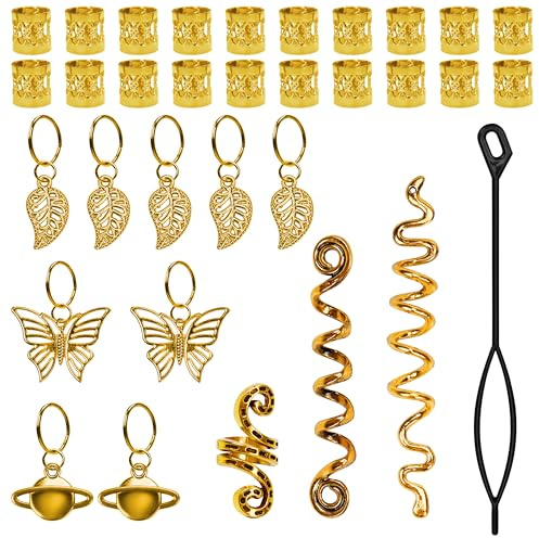 XCZYN 33 Pieces Hair Jewellery for Braids Decoration, Gold Hair Accessories Beads Cuffs Charms Rings Spring Twist Shell Pearl Pendant for Girl Women Men Party Music Festival (Gold, 33 Pcs)