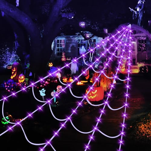 Halloween Deko Spinnennetz für Party Indoor Outdoor ,1.25m Große Schwarze Spinne,5 Meter Durchmesser Wasserdichte Halloween Horror Netzlichter Deko,250 Violette LED Und 8 Lichtmodi (Modern)