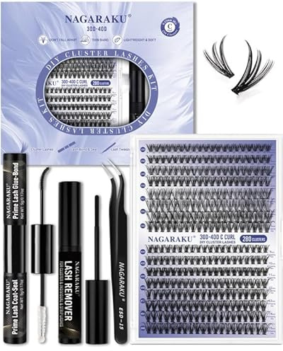 NAGARAKU Kit Extension Pestañas DIY 280 Racimos Individuales Cluster Lashes Pegamento Sellador Pinza Removedor Set Principiante Autoaplicacion DIY Cluster Lashes Kit（30D&40D Negro 0.07mm C 9-15mm)