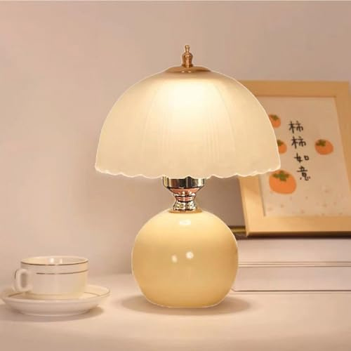 Mengjay Keramik Tischlampe, E27 Nachttischlampe,Nachttisch Lichtdekoration Schreibtischleuchten,Lampenschirm aus Glas,Fensterbank lampe Leselampe Wohnzimmer Tischleuchte (Gelb)