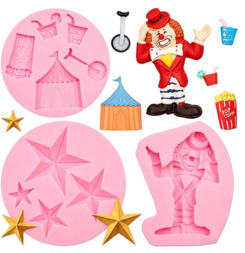 Silikonformen für Fondant, Clown-Zirkus, Stern, Schokolade, Süßigkeiten | Theater-Design, Einrad-Motiv, Für Babyparty & Geburtstag, Cupcake-Topper, Kuchendekoration & Basteln, Backform