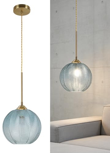 bomiel Blau Glas Pendelleuchte Ø25 cm Blattmuster Metall, Höhenverstellbar, E27, für Flur, Wohnzimmer, Kücheninsel (Ohne Leuchtmittel)