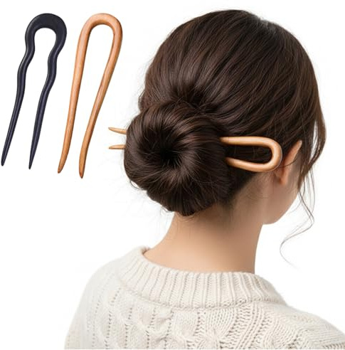 2 Pcs Pince à Cheveux en Bois Forme de U, Fourchette à Chignon Française en Bois de Santal, Épingle à Cheveux Double Fourche Élégante pour Femme, Accessoire de Coiffure Naturel