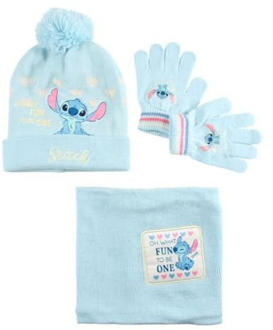 Disney Stitch Kinder Winterset 3-teilig – Mütze, Snood & Handschuhe – warmes Polyacryl-Set in Hellblau – Größe 54/56 – offizielles Stitch-Design