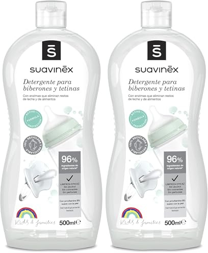 Suavinex, Detergente para Biberones y Tetinas. Limpia biberones, tetinas, chupetes y accesorios. Sin perfume. No deja residuos. Textura Gel. 82% Ingredientes de Origen Natural. 500 ml (Paquete de 2)