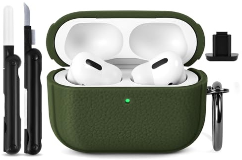Ainiv Custodia Compatibile con Airpods Pro 3 (2025) con Kit Di Pulizia, Custodia Protettiva in Tpu con Texture in Pelle E Portachiavi, Led per Frontale, per Airpods Pro 3 Generazione - Verde Militare