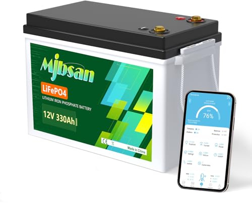 Mjbsan 12V 330Ah LiFePO4 Lithium Battery Mini Size,Built-in 200A BMS, 15000+ Cycles &10-Year Lifespan,4224Wh Energy Lithium Batteries with Low-Temp Cutoff, for Sloar,Camping,Boats,Trolling Motor