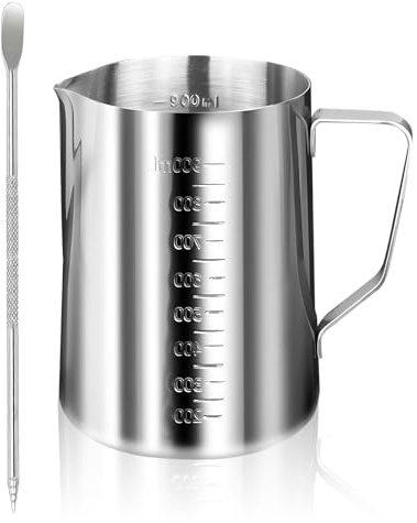 Messbecher Edelstahl 1L, Milchkännchen 304 Edelstahl mit Rührstab, Milchkännchen mit Markierung und Griff für Küche Bar Kaffeehaus Getränkeshop Bäckerei, Silber