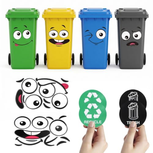 DAMYDAMYNA Funny Wheelie Bin Stickers Set Large Face Stickers with Recycling & Trash Labels, Self Adhesive Outdoor Dustbin Decals, PVC Rubbish Bin Decoration for Garden Bins (White, 8 PCS)