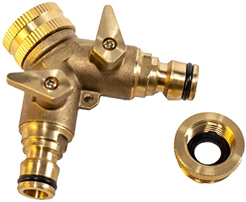 UPP conector distribuidor de Agua para Manguera y Grifo de jardin, 2 vias, 1/2'+3/4' I valvula, llave de paso agua de dos vias I Adaptador divisor bifurcador de doble vía para riego (9.5x8x4cm, latón)