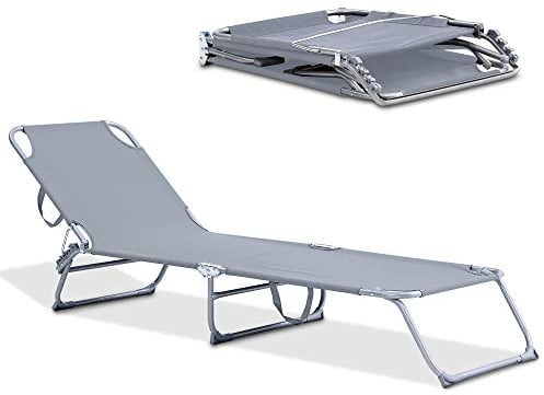 LIVIVO Foldable Sun Lounger – Lightweight Aluminium Sun Bed with Adjustable Back & Leg Rests – UV Resistant, Rustproof Frame – Outdoor Garden, Beach, Camping Chair (Grey)
