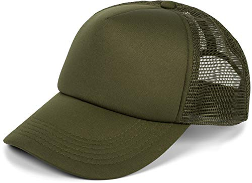 styleBREAKER Unisex 5-Panel Trucker Cap mit Mesh-Einsatz | verstellbares Basecap mit Click Snap Verschluss | luftiges Netz Cap für Damen und Herren, Farbe:Dunkeloliv