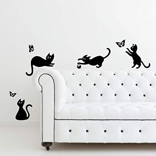Cats Jumping Playing Catching Butterflies Home Vinyl Wall Sticker Decor Decal Mural Kitchen Pets Wallpaper Decoration Kids Room Wall Art Graphic self-Adhesive Removable