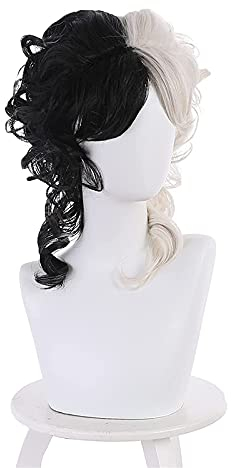Film Cruella Kurze Lockige Schwarz Weiß Cosplay Perücke Hitzebeständige Kunsthaar Cruella de Vil Frauen Lolita Karneval Party Perücken