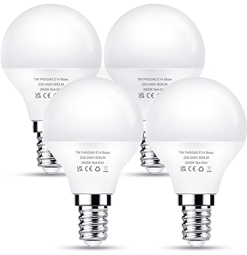 E14 LED Warmweiss Lampe 7W, 60 Watt ersetzt, Glühbirne E14 Warmweiß 3000K P45/G45 Tropfenform Leuchtmittel LED Birne, Golfballform Energiesparlampe, Nicht-Dimmbar, 4 Stück