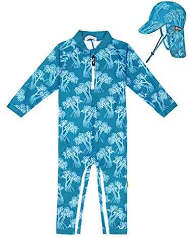 weVSwe Baby Jungen Badeanzug UPF 50+ Sonnenschutz Rash Guard Kleinkind Langarm Bademode mit Hut Grüne Palme 18-24 Monate