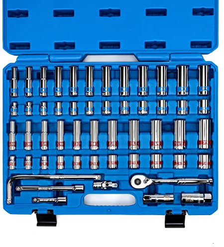 Neiko 02513A 3/8-Inch-Drive Ratchet and Socket Set, 53-Piece Standard and Deep SAE Sizes 5/16 to 7/8, Metric Sizes 8 mm to 19 mm, Mechanic Socket Set Made with CRV Steel