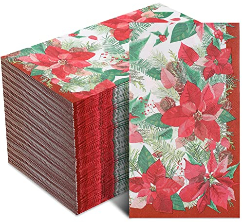 Faccito 100 Stück Weihnachten Servietten Weihnachtsstern Papier Servietten Rote Blumen Cocktail Servietten Vintage Dekorative Abendessen Servietten für Gäste Feiertag Party (Weihnachtsstern)