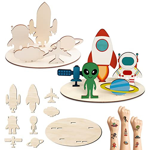 Ayamuba Bastelsets zum Raketen 5 Set Bastel-Holzscheiben Raketen Weltraum Planeten mit Malset, unvollendete Holz, für Kinder DIY Handwerk Party Dekoration