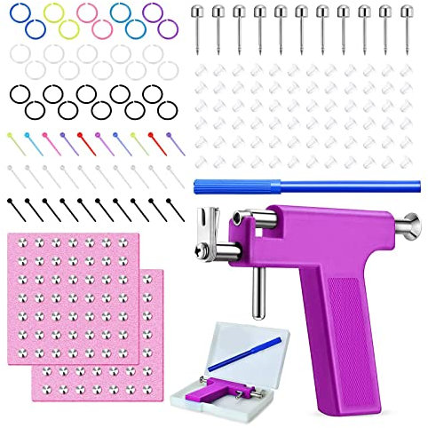 Longbeauty 550pcs Ohr Piercing Pistole Kit Edelstahl Körper Piercing Werkzeuge Studs Ohrringe Nase Lippe Nabel Piercing Maschine für Home Salon Piercing Nadeln, Lila