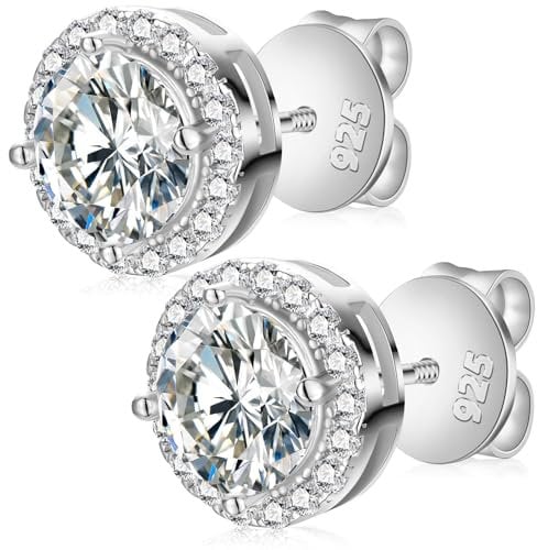 Moissanite Earrings, 8MM 925 Sterling Silver Stud Earring For Women, 4.0CTTW Large White Gold Hypoallergenic Halo Mens Earrings with Screw Backs Thanksgiving Day Christmas Gifts