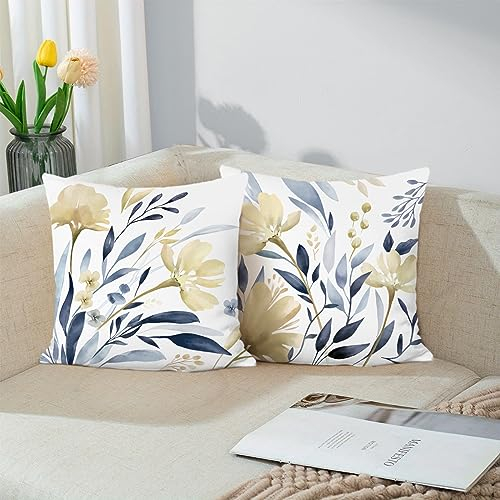Bonhause 2er Set Kissenbezüge Aquarell Blumen 45 x 45 cm Gelb Blau Blume Dekorative Kissenhülle Zierkissenbezüge für Sofa Schlafzimmer Garten Zuhause Dekoration