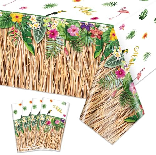 PIXHOTUL Paquete de 4 manteles hawaianos de hierba Luau, falda de mesa hawaiana Luau, decoración de fiesta, mantel de palma tropical para verano, playa, barbacoa, fiesta tropical Ahola, baby shower,
