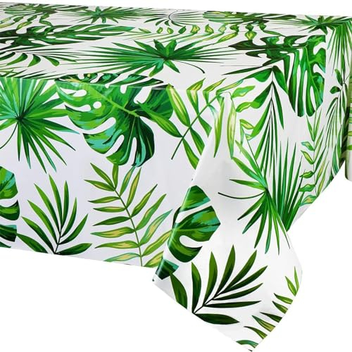 Hawaiian Luau Outdoor Table Cloth - 137 * 274cm Waterproof Tablecloths Rectangular Tropical Palm Leaves Wipeable Plastic Table Cover Disposable Tablecloths for Outdoor Indoor Picnic Party Decorations