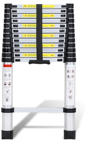 Fiqops Scala telescopica in alluminio 3,8 m, allungabile, in alluminio, antiscivolo, portata 150 kg