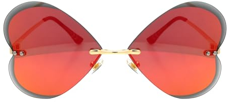 Luxxada Herz Sonnenbrille Damen Herzbrille Große Oversized Festivalbrille Rot Verspiegelt Hochwertige Rahmenlose Herzform Gläser Metallgestell