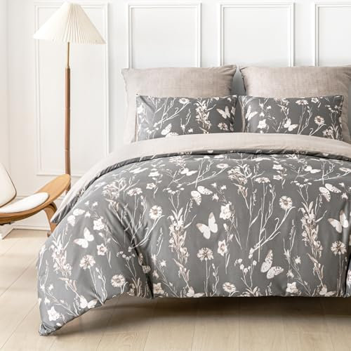 Tokokimo Grey King Size Duvet Cover Sets - 3pcs Reversible Color, King Size Duvet Cover with 2 Pillowcases, Soft Microfiber Botanical Floral Bedding Sets 230x220cm, Grey/Flowers