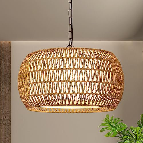 Rattan Hängelampe Esstisch, 5-flammige Große Boho Pendelleuchte Esstisch, Hängeleuchte Esszimmerlampe mit Rattan Lampenshirm, Küchenlampe Hängend, Vintage Kronleuchter für Esszimmer, Wohnzimmer, Küche