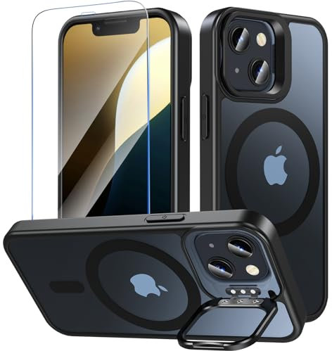 OWKEY Magnetic Case for iPhone 13 Mini / iPhone 12 Mini Case with Stand, Translucent Matte Protective Case with Tempered Glass Protection, Compatible with MagSafe, Military Drop Protection, Shockproof