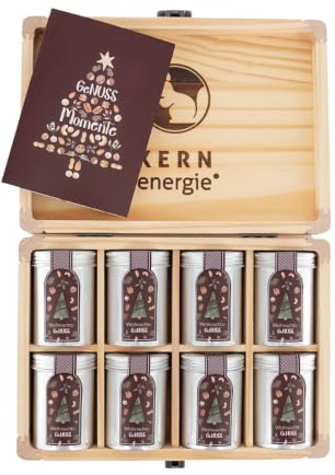 KERNenergie Nuss Geschenk Set - weihnachtliche Premium Nüsse - 8 Nuss- und Schokoladen Snacks zu Weihnachten - Weihnachtsgeschenke für Männer und Frauen inkl. Weihnachtskarte