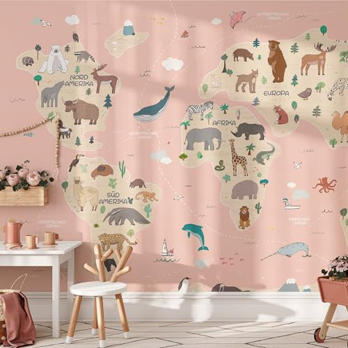 Kidsmood - Selbstklebende Tapete für Kinderzimmer, Fototapete mit Tieren aus aller Welt, Ideale Kinderzimmer Deko für Mädchen und Jungen, Schadstofffreie Vliestapete in lebendigen Farben, 208x220 cm