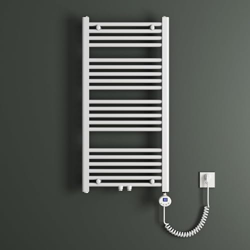 Mai & Mai Badheizkörper Handtuchheizkörper Badheizung Heizkörper bad 60x100 cm Weiß, Handtuchwärmer für Strom, Seitenanschluss, Röhrenheizkörper mit Heizstab 600W