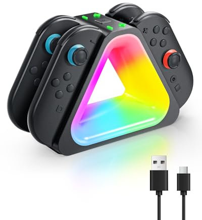 Switch 2 dock di ricarica per Nintendo 2, stazione di ricarica triangolare 4 in 1 per Nintendo Switch2 2025 con 7 luci RGB, indicazione LED e cavo USB di tipo C, nero