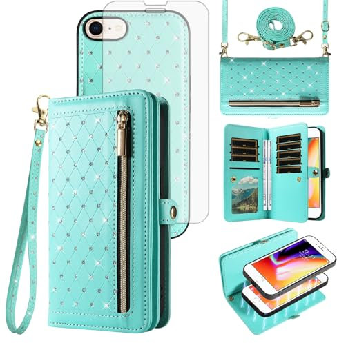 Phone Case for iPhone 7/8/SE 2020/2022 Zipper Wallet Detachable Cell Cover with Screen Protector Crossbody Lanyard Strap Bling iPhone7 iPhone8 7s 8s i SE2020 SE2022 2/2nd/3/3rd Generation Women Teal