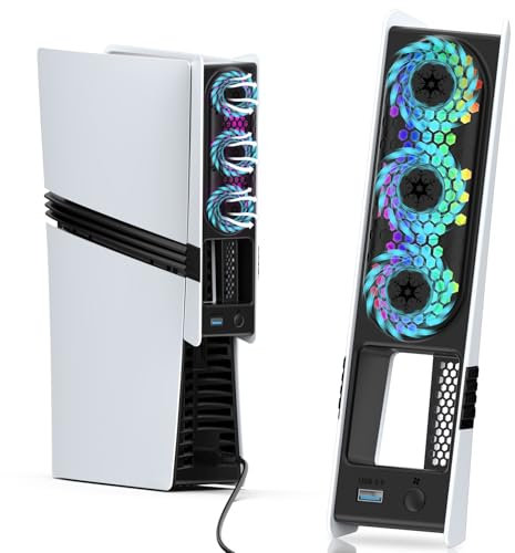 HUIJUTCHEN Ventilateur de refroidissement RVB pour PS5 Slim & PS5 Pro - 3 modes (faible/haut/vitesse automatique), triple ventilateur turbo avec LED colorée, port USB 3.0 compatible avec PlayStation 5