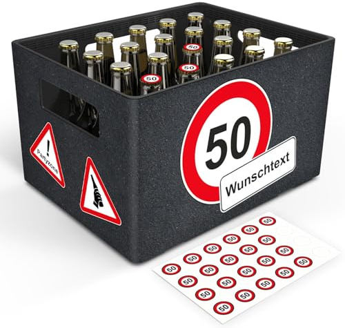 GRAVURZEILE Bierkasten-Banderole - Verkehrszeichen - Personalisiert mit Name & Alter - Geschenkidee für Männer zum Geburtstag - Inkl. 24 Flaschendeckel-Aufkleber - Passend für 20er Bierkasten