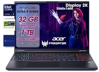 acer Predator Helios Neo 16 AI Pc Gaming, Notebook Gaming Ultra 9 275HX, 32GB RAM DDR5, SSD 1TB PCIe, Display 16 WQXGA 240Hz, nVIDIA GeForce RTX 5070 Ti 12GB GDDR7, Laptop Gaming Tastiera RGB
