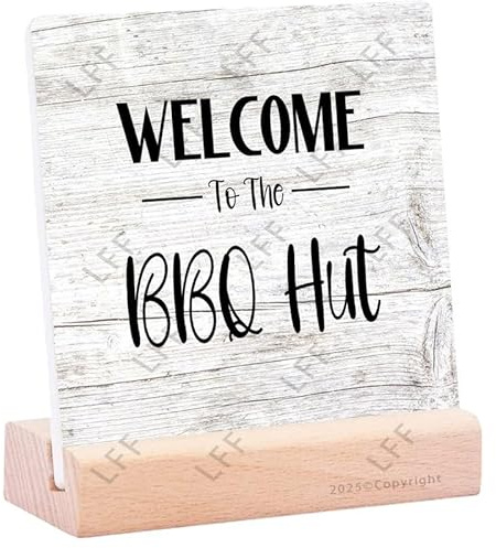 Ceramic Plaque Sign Desk Decor Rustic Welcome To The Bbq Hut Wooded Desk Sign Decor For Home Office