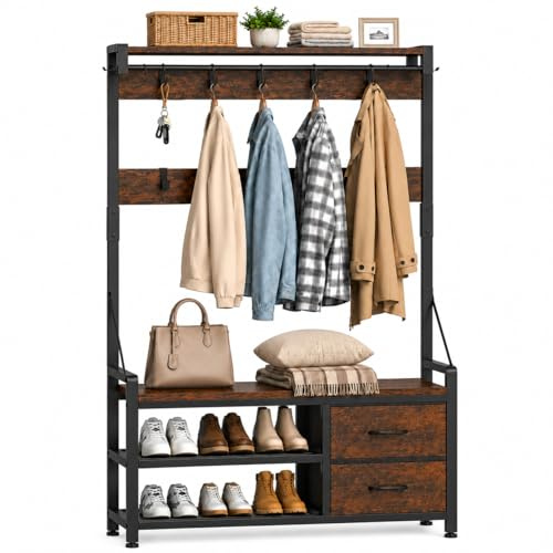 Zvezvia Garderobenständer, Flurgarderobe mit Schuhbank, Garderobe, Schuhaufbewahrung, 2 Schubladen, 17 Haken, Industrie-Design Garderobe mit Sitzbank für Flur, Wohnzimmer 30 x 80 x 180 cm