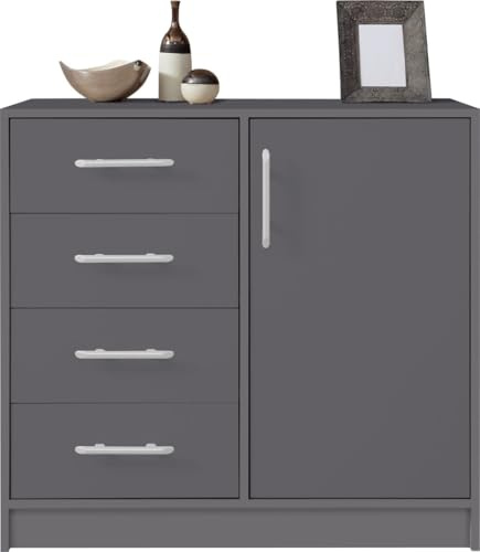 Masseno Kommode VANO 90 cm Sideboard mit 4 Schubladen und 1 Türen für Wohnzimmer Schlafzimmer Modern 90x40x84 cm Anthrazit/Anthrazit
