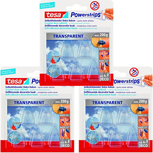 tesa Powerstrips Deco-Haken, transparent, für max. 200g, 3 Packungen mit gesamt 15 Haken
