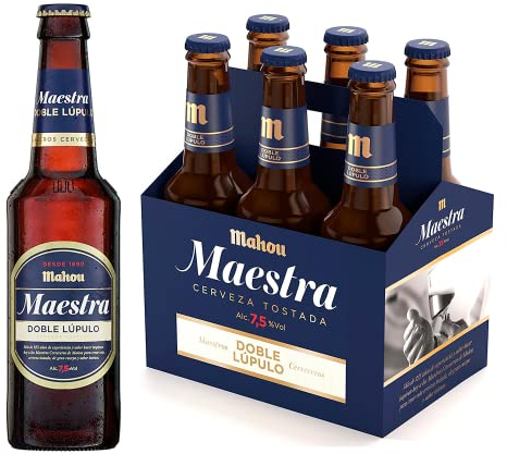 Mahou Maestra Doble Lúpulo, Pack de 6 Botellas x 33 cl, Cerveza Tostada Lager, Sabor Intenso y Espuma Cremosa, 7.5% Volumen de Alcohol