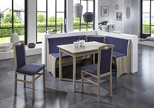 HOWE-Deko Truhen-Eckbankgruppe, Eiche Sonoma Dekor; Eckbank, 2 Stühle und Vierfußtisch; Bezug: Flachgewebe blau; variabel aufbaubar